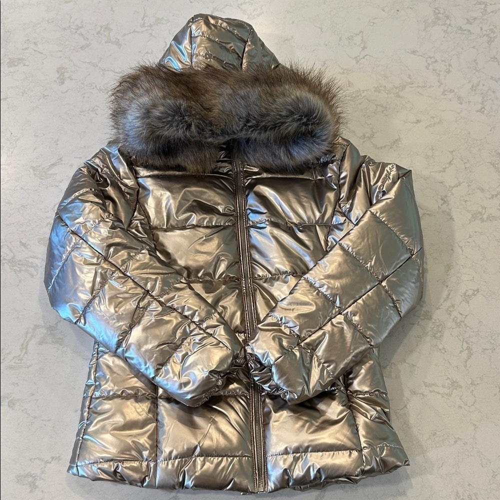 Puffer Jacket Winter Women Warm Quilted Bubble Fur Hood Coat Medium Gold Shimmer - Picture 14 of 16